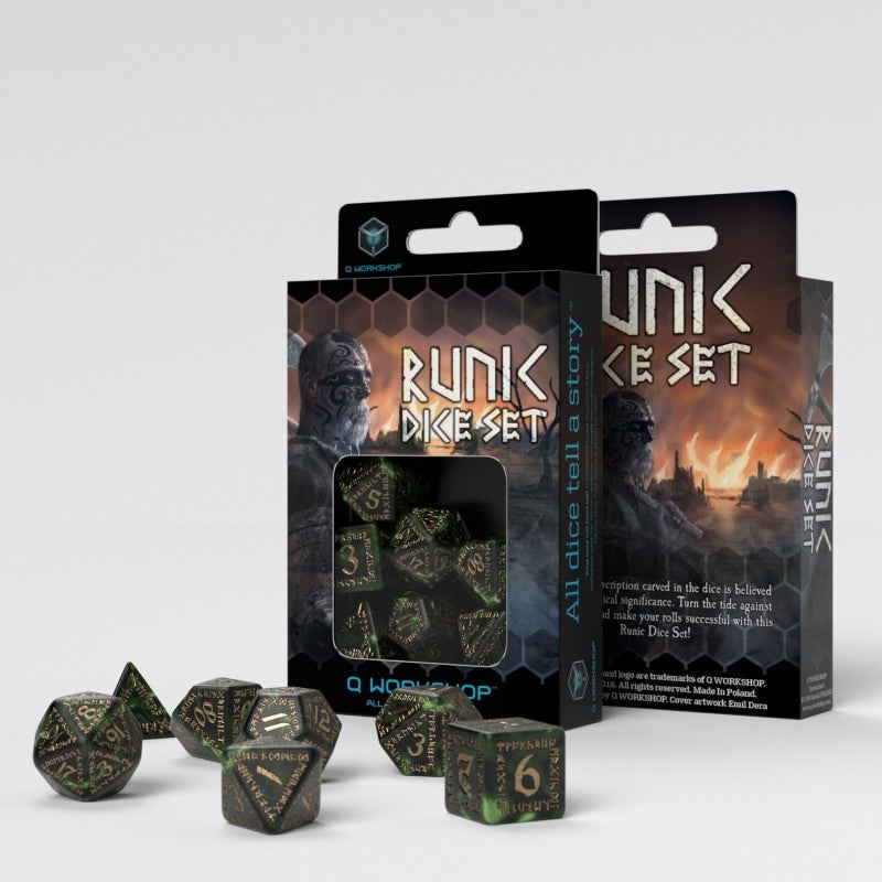 Q Workshop - Runic Bottle Green and Gold Dice Set 7 - Good Games
