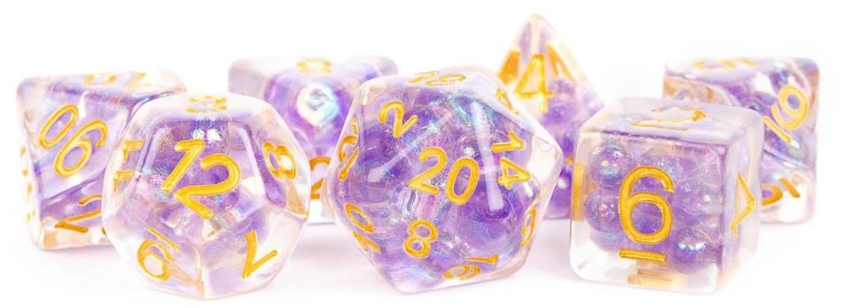 Metallic Dice Games - Resin Polyhedral Dice Set 16mm - Pearl Purple with Gold Numbers - Good Games