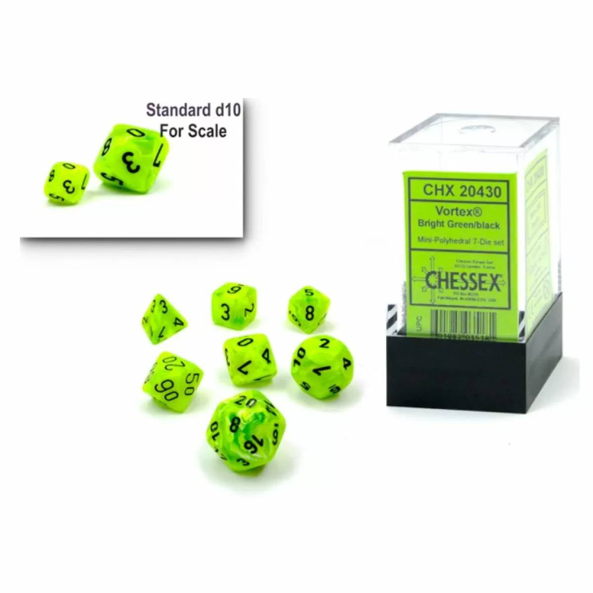 Chessex - Vortex Mini Bright Green/Black 7-Die Set (CHX 20430) - Good Games
