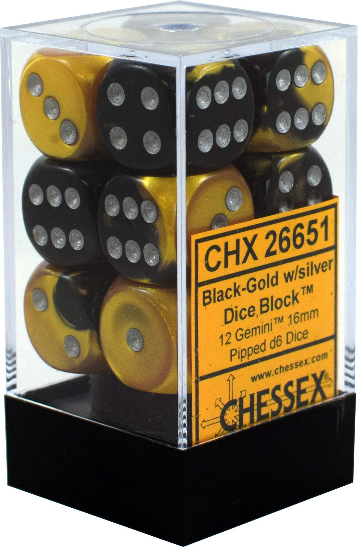 Chessex Gemini 16mm D6 Set - Black-Gold/Silver (CHX26651)