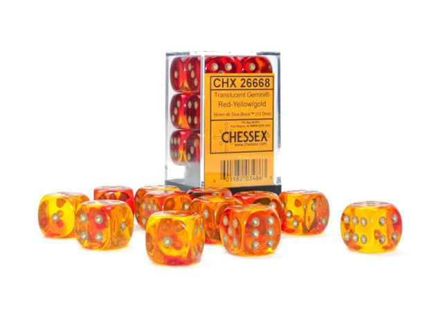 Chessex - Gemini 16mm d6 Translucent Red-Yellow/Gold Block - CHX 26668 (12)