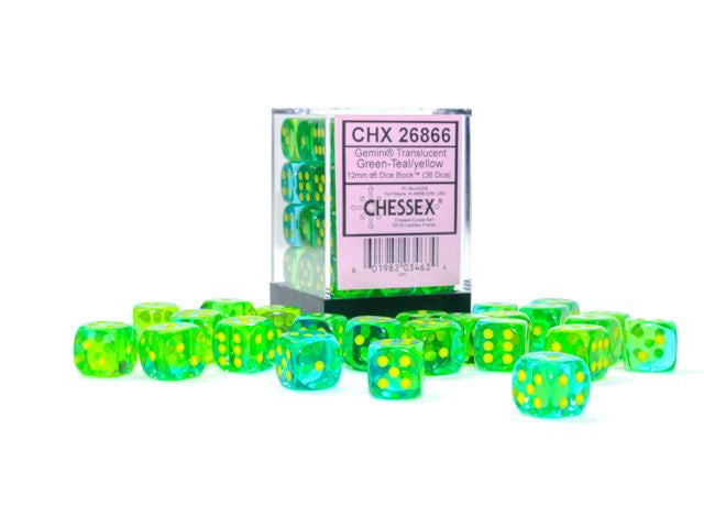 Chessex - Gemini 12mm d6 Translucent Green-Teal/Yellow Block - CHX 26866 (36) - Good Games
