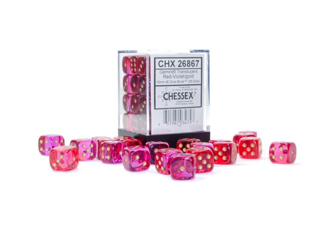 Chessex - Gemini 12mm d6 Translucent Red-Violet/Gold Block - CHX 26867 (36) - Good Games