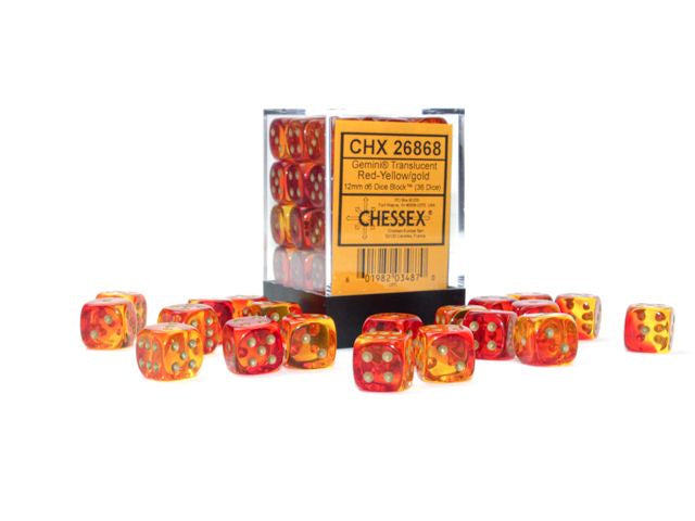 Chessex - Gemini 12mm d6 Translucent Red-Yellow/Gold Block - CHX 26868 (36)