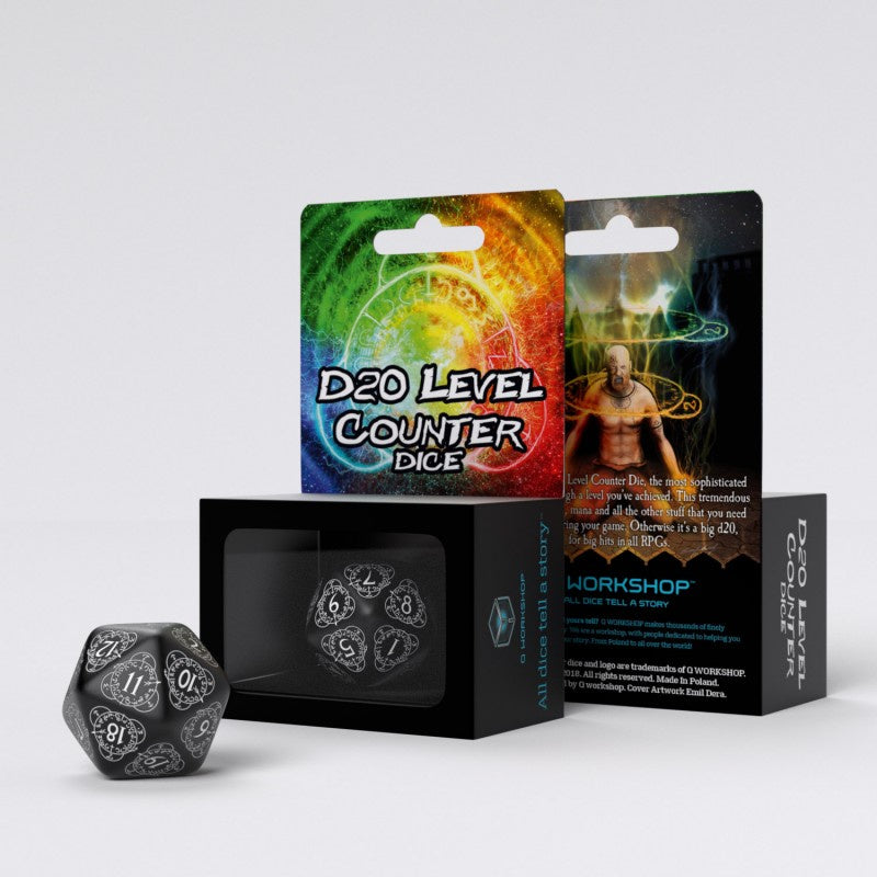 Q Workshop - D20 Black &amp; White Card Game Level Counter Dice Set - Good Games