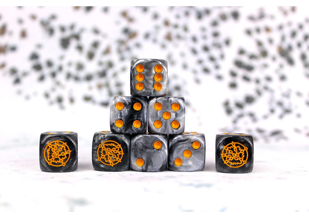 Conquest - Dweghom Faction Dice on Gray swirl Dice