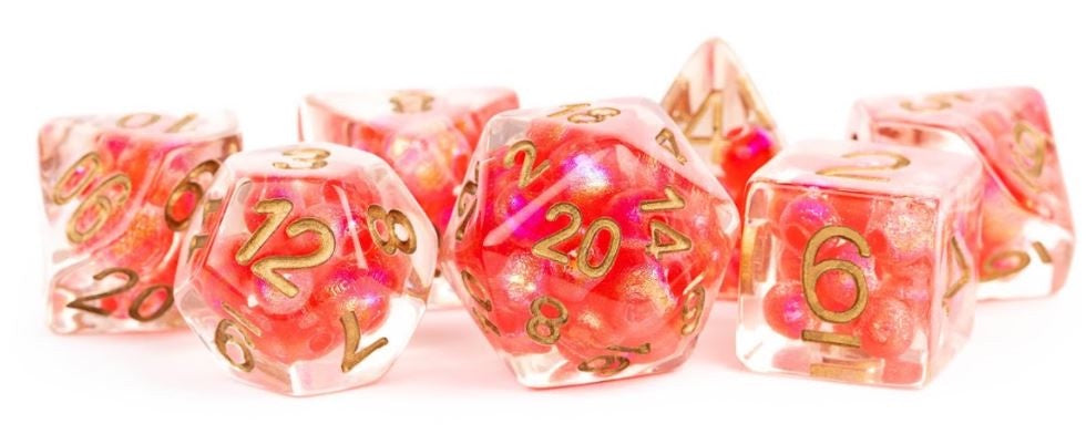 Metallic Dice Games - Resin Polyhedral Dice Set 16mm - Pearl Red with Copper Numbers - Good Games