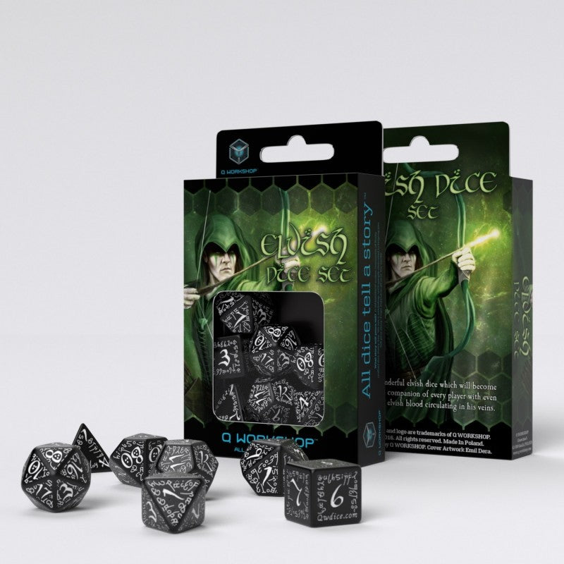 Q Workshop - Black & White Elvish Dice Set (7) - Good Games