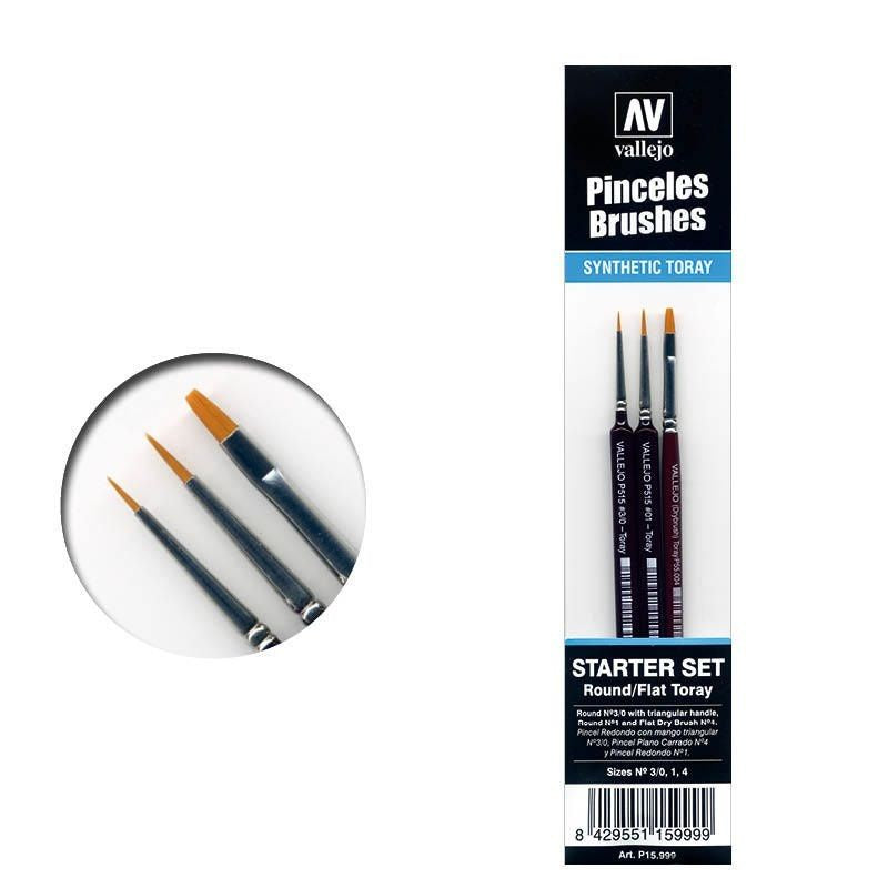 Vallejo Brushes - 3pc Brush Starter Set Round No.S 1 Y 3/0-Flat No.4 - Good Games