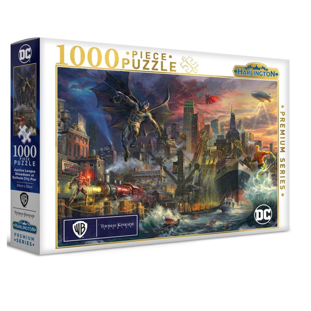 Harlington - Thomas Kinkade DC Comics Justice League Showdown at Gotham City Pier 1000 Piece Jigsaw - Good Games