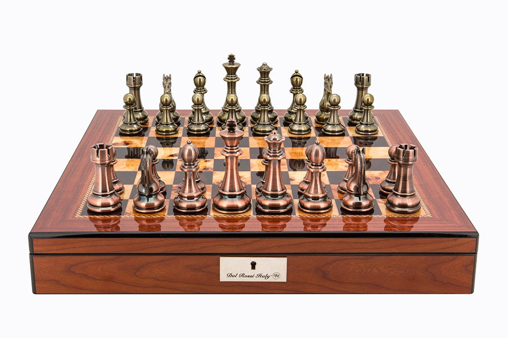 Dal Rossi 20 Copper/Bronze Pieces on Walnut Shiny Finish Box with Compartments - Chess Set - Good Games