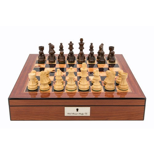 Dal Rossi Italy Staunton Wooden 85mm Chess Pieces on Walnut Shiny Finish Chess Box 16 with Compartments - Good Games