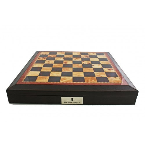 Dal Rossi 18 Chess Set Walnut Finish Chess Set with PU Leather Edge with Compartments and Boxwood and Sheesham 85mm Chess Pieces - Good Games