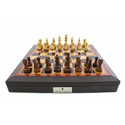 Dal Rossi 18 Chess Set Walnut Finish Chess Set with PU Leather Edge with Compartments and Boxwood and Sheesham 85mm Chess Pieces - Good Games