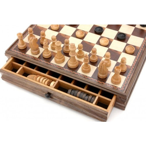 Dal Rossi Chess / Checkers Walnut Box with Drawers and Compartments 15 - Good Games