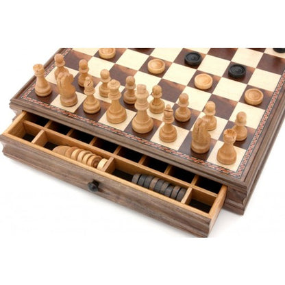 Dal Rossi Chess / Checkers Walnut Box with Drawers and Compartments 15 - Good Games