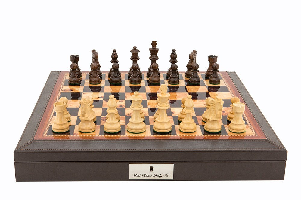 Dal Rossi 18 Chess Set Walnut Finish Chess Set with PU Leather Edge with Compartments and Boxwood and Sheesham 85mm Chess Pieces - Good Games