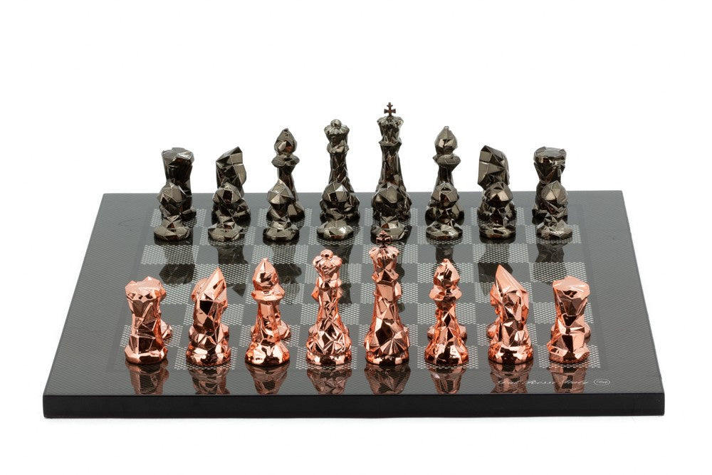 Dal Rossi Italy Chess Set with Diamond-Cut Copper &amp; Bronze 85mm Chessmen on a Carbon Fibre Shiny Finish Chess Board 16