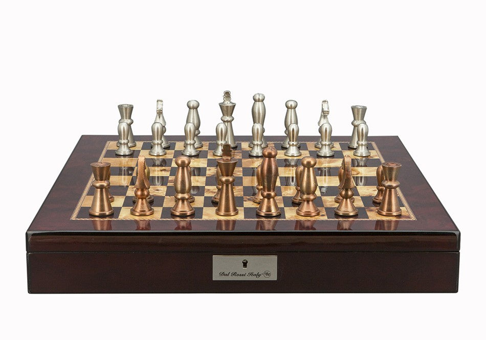 Dal Rossi Italy Chess Set Mahogany Shiny Finish 20? With Compartments Metal Dark Titanium and Silver chessmen 115mm - Good Games