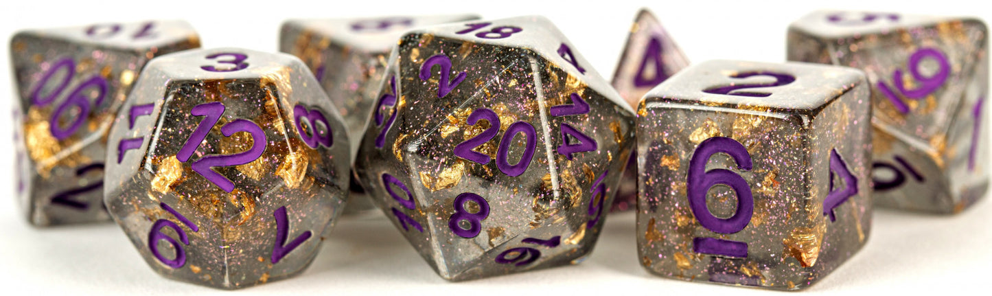 Metallic Dice Games - Digital Resin Dice Set 16mm - Gray with Gold Foil Purple Numbers - Good Games