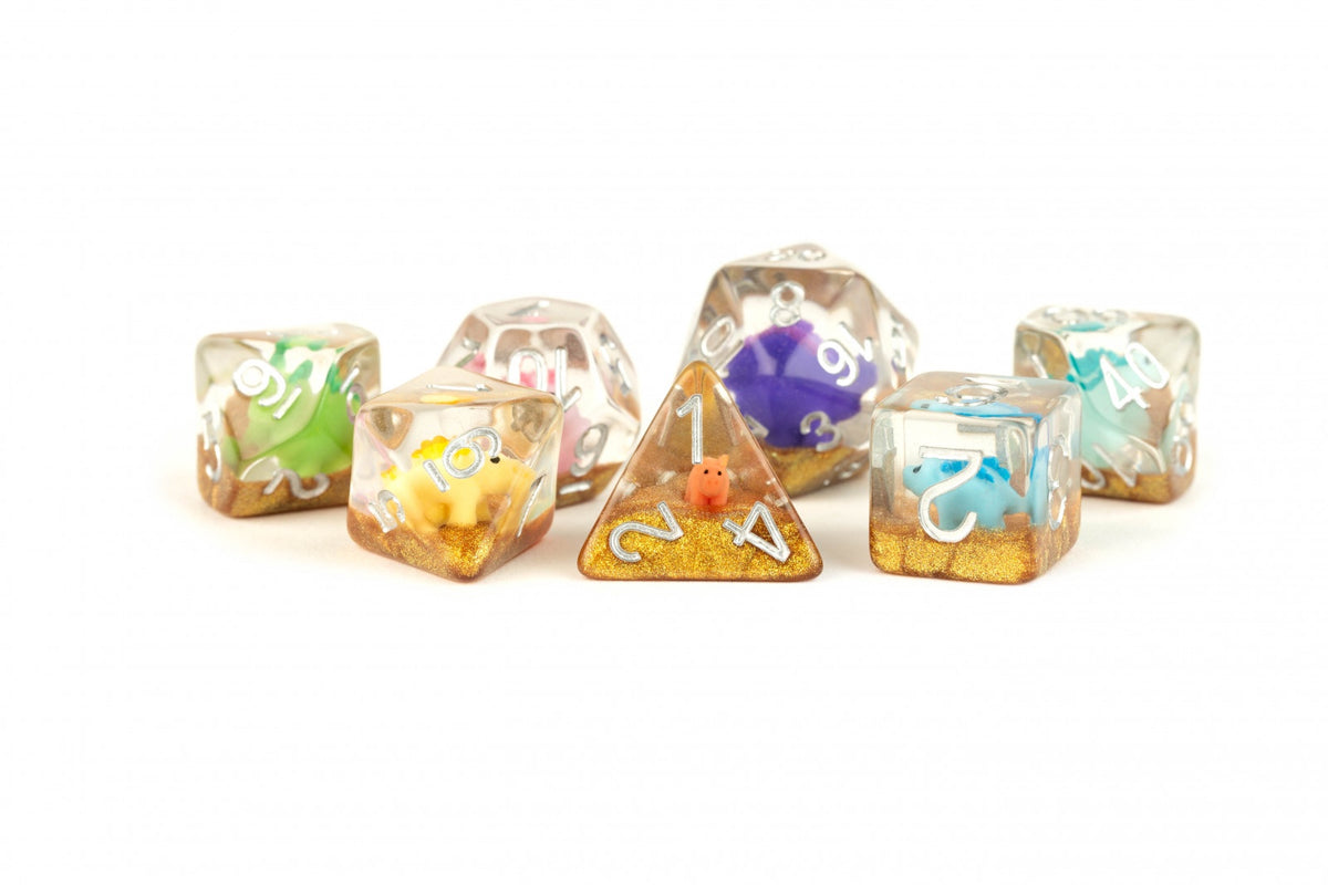 Metallic Dice Games - Resin 16mm Poly Dice Set - Rainbow Dinosaur Dice