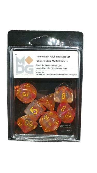 Metallic Dice Games - Unicorn Resin Polyhedral Dice Set - Mystic Embers - Good Games