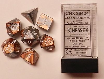 Chessex - Gemini Polyhedral 7-Die Set - Copper Steel/White (CHX26424) - Good Games