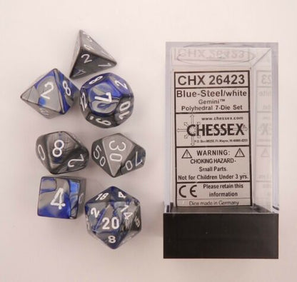 Chessex - Gemini Polyhedral 7-Die Set - Blue Steel/White (CHX26423) - Good Games