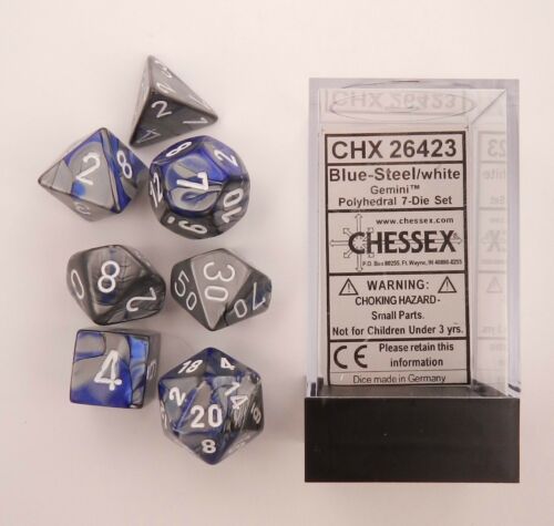 Chessex - Gemini Polyhedral 7-Die Set - Blue Steel/White (CHX26423) - Good Games